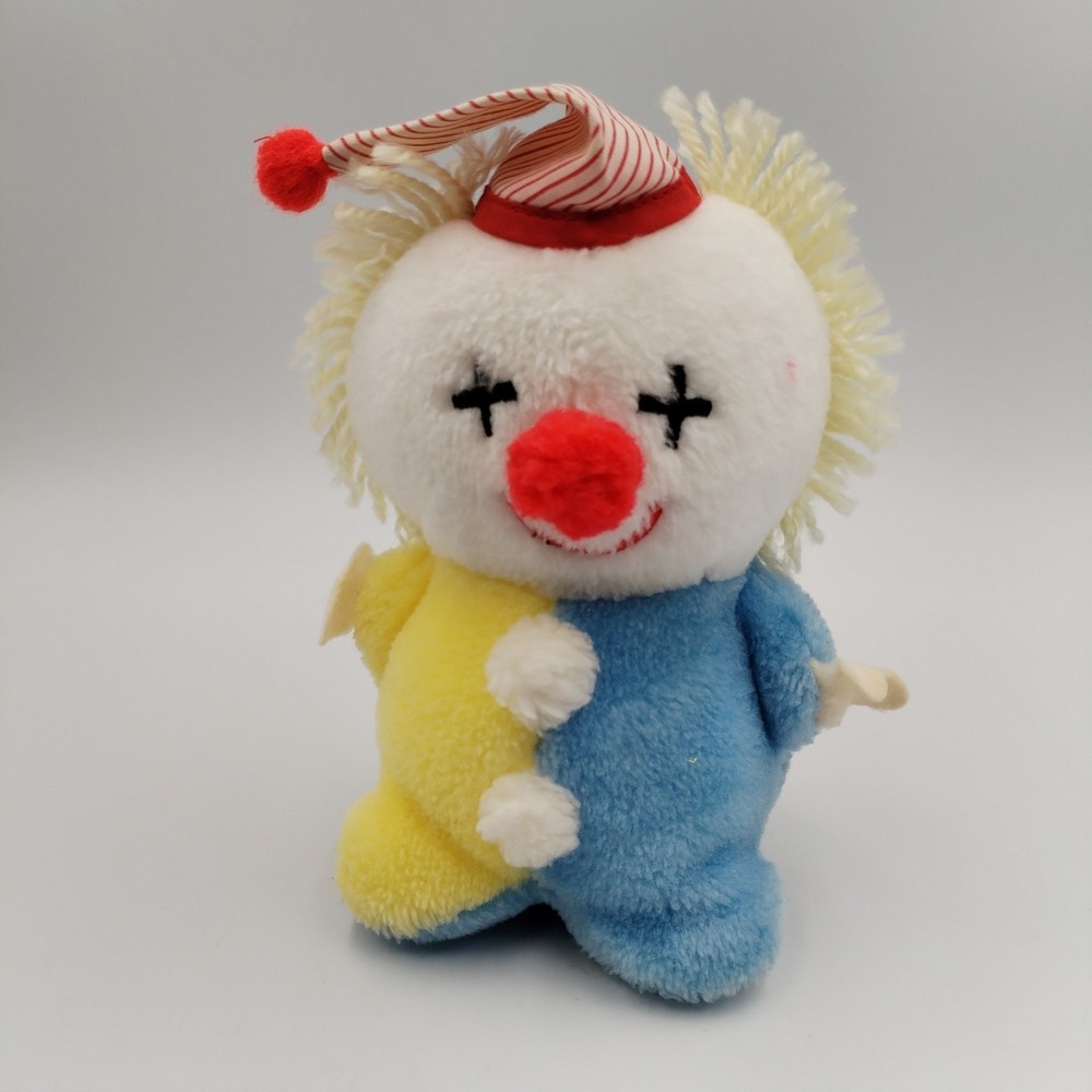 Vintage‎ Eden Plush Clown Rattle Stuffed Animal 7.5" Cross Eyes Striped Hat Blue